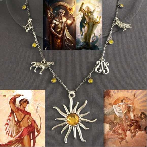 Hand Crafted Jewelry - “Apollo: God of the Sun" Greek Roman Mythology Handmade Necklace, Lyre, Wolf
